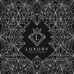 Fototapeta premium Luxury branding emblem with diamond pattern and metallic text on dark geometric background