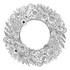 Obraz premium Floral Wreath Design with Black and White Flowers and Leaves