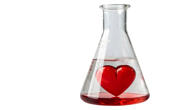 Red heart shaped object in a conical glass flask with liquid isolated on transparent background