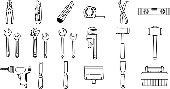 Construction Hand Tools Line Icon Set with Hammer, Wrench, Drill, and Toolbox for Carpentry Workshops, Hardware Stores, and Home Renovation Websites