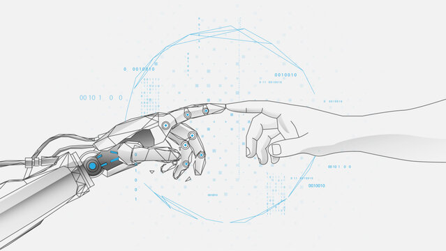 Human hand and robot finger touch a digital global virtual circuit board in the background