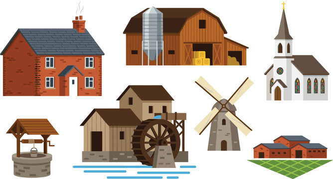 Rural Architecture and Farm Buildings Vector Set Featuring Old Brick House Wooden Barn Watermill Traditional Windmill Stone Wishing Well and Village Church Elements