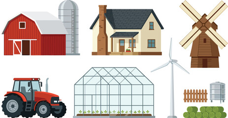Obraz premium Agriculture and Farming Construction Vector Set Featuring Red Barn Silo Farmhouse Wooden Windmill Greenhouse Red Tractor and Renewable Wind Turbine Elements
