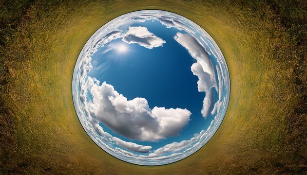 beautiful sky reflected in round mirror surrounded by soft clouds surreal concept