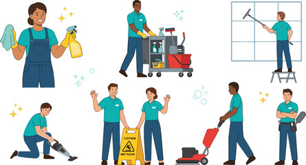 Fototapeta premium Professional Cleaning Service Staff Vector Set Featuring Janitors Washing Windows Polishing Floors Vacuuming and Using Disinfectant Sprays for Commercial Maintenance