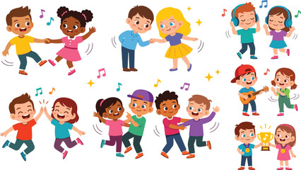 Fototapeta premium Happy Cartoon Children Dancing and Listening to Music Vector Set Featuring Kids Holding Hands Listening with Headphones and Playing Guitar Elements