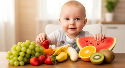 Fototapeta premium Smiling baby reaches for strawberry amidst a colorful, abundant display of fresh fruits