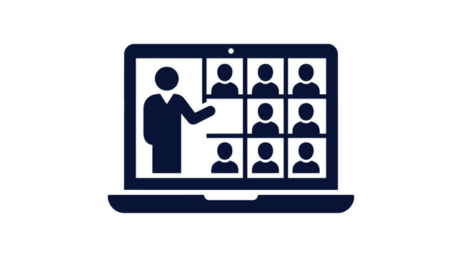 Online meeting and presentation on laptop for remote teamwork, minimalist vector icon