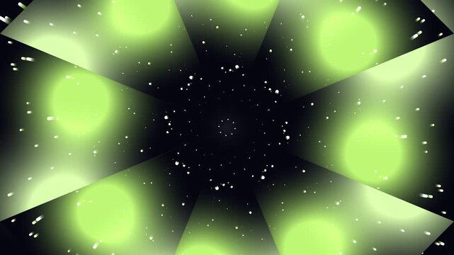 Glowing green lights explode in a starry night sky with debris