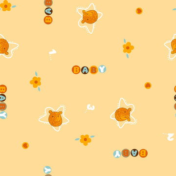 Cute baby pattern with orange teddy bears and flowers on cream background