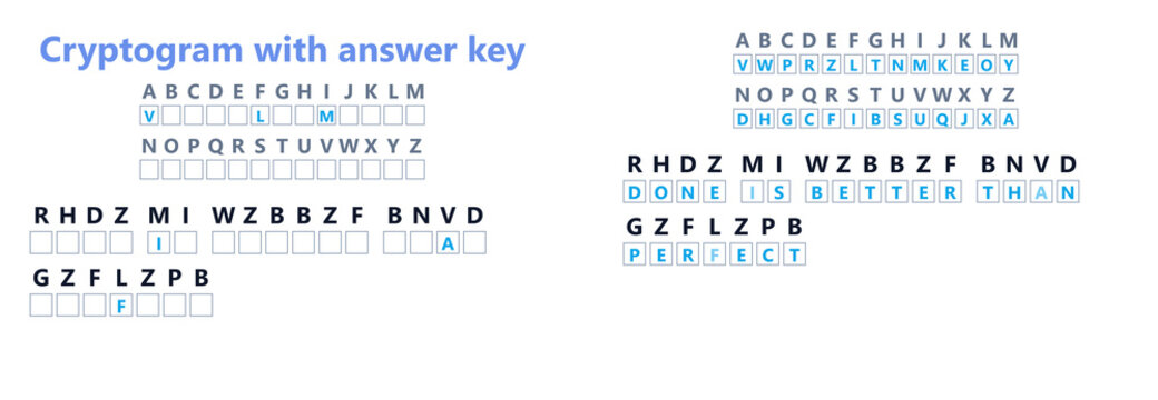 Motivational cryptogram puzzle with cipher key and inspirational hidden message 