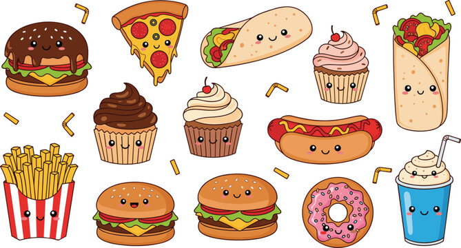 Cute Kawaii Fast Food Character Set with Burger Pizza Cupcake Donut Hotdog Wrap and Drink Smiley Face Vector Collection