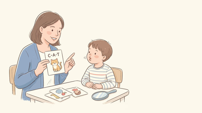 Mother teaching her young son the word 'CAT' with flashcards and a magnifying glass, illustrating early childhood education and language development