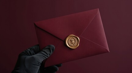 Gloved hand holds deep red envelope sealed with gold wax stamp. Elegant mail object offers secure private message delivery for special occasions. Receiving important document, invitation, or gift.