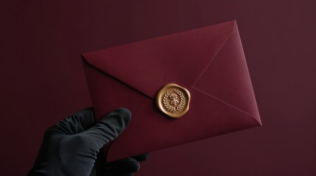 Gloved hand holds deep red envelope sealed with gold wax stamp. Elegant mail object offers secure private message delivery for special occasions. Receiving important document, invitation, or gift.