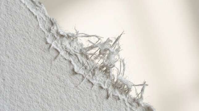 Torn white paper texture with rough fibrous deckle edge on cream background