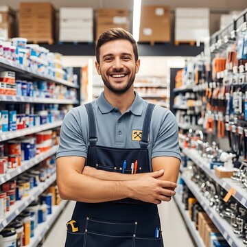 Smiling store employee in aisle of hardware, paint, and supplies