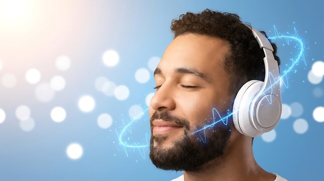 Man wearing white headphones with blue sound waves on blue background with bokeh