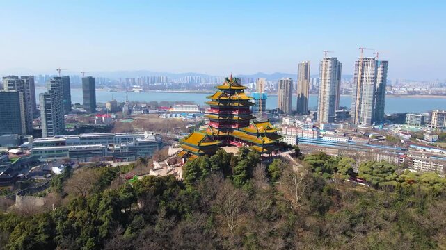 Tengwang Pavilion and Modern Skyline in Nanchang China in Tengwang Pavilion, Nanchang, China