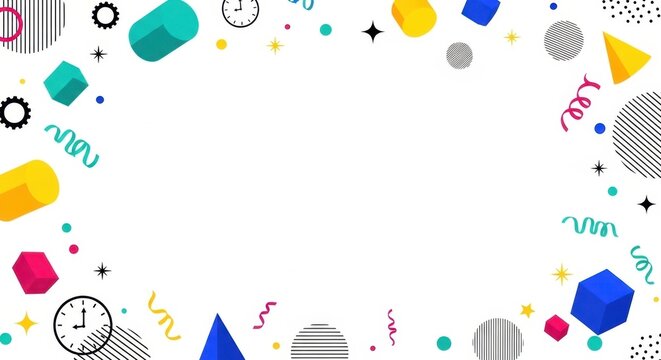 Abstract geometric border template with colorful 3d shapes and clocks on white background.