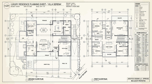 Architectural planning sheet for a luxury villa showing ground floor and first floor plans