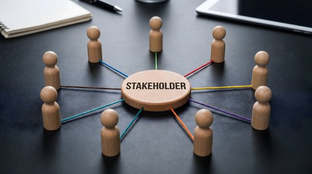 Stakeholder diagram with wooden figures and colorful strings