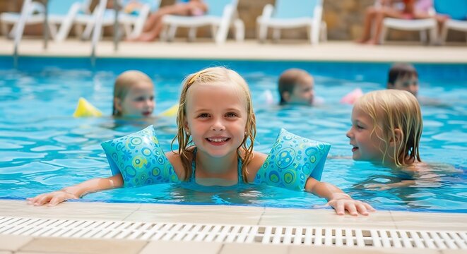 Smiling child in pool, water wings, with other children in background