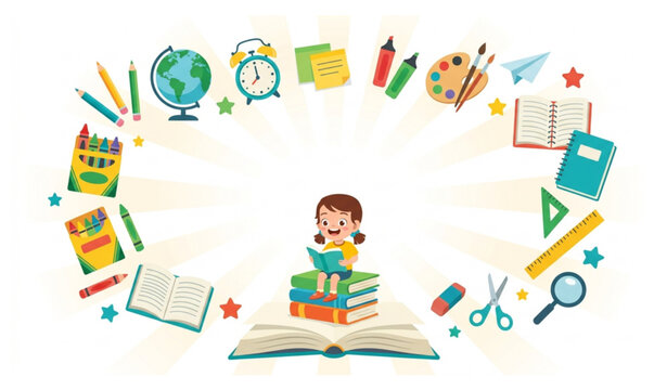 Flat education frame vector featuring reading child open storybook and academic supplies border