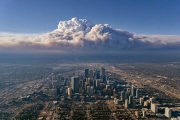 Obraz premium Wildfire smoke cloud rising over Calgary city skyline