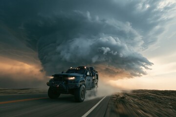 Fototapeta premium Armored truck chasing intense tornado during extreme weather