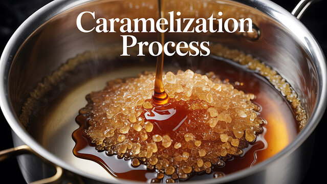 Caramel sugar crystals forming in a pot with golden syrup being poured on top in a caramelization process in a kitchen