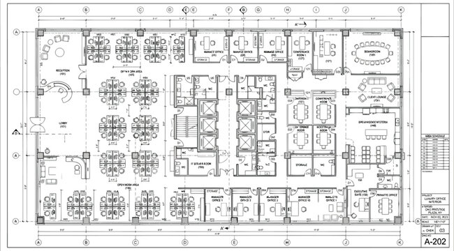 Architectural floor plan of a large modern office space with multiple workstations and meeting rooms