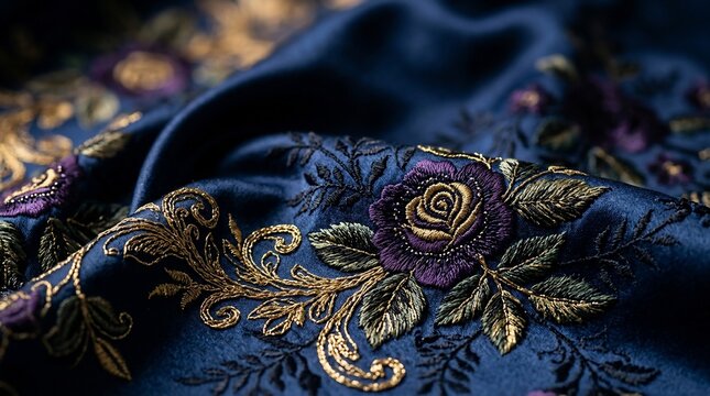 Luxurious dark blue embroidered fabric with a purple and gold rose floral pattern, rich and ornate