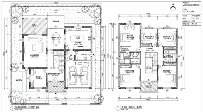 Detailed architectural floor plans for ground and first floor of a residential house