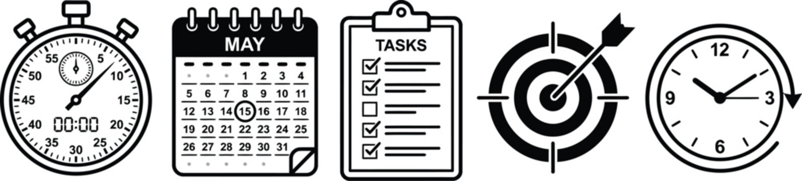 Collection of icons representing time management and productivity with flat design productivity stopwatch