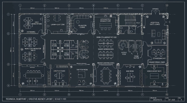 Architectural floor plan of a modern office space with multiple workstations and meeting rooms