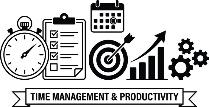 Time management and productivity graphic with icons and text banner flat design productivity stopwatch