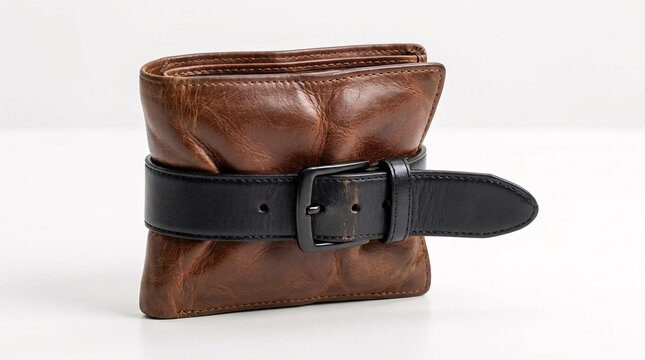 A brown leather wallet tightly constricted by a black belt on a white background, symbolizing inflation and economic belt tightening