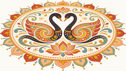 Two ornate black swans forming a heart shape with their necks, surrounded by a decorative oval border with colorful floral and paisley patterns, in an ethnic folk art style. © Fila