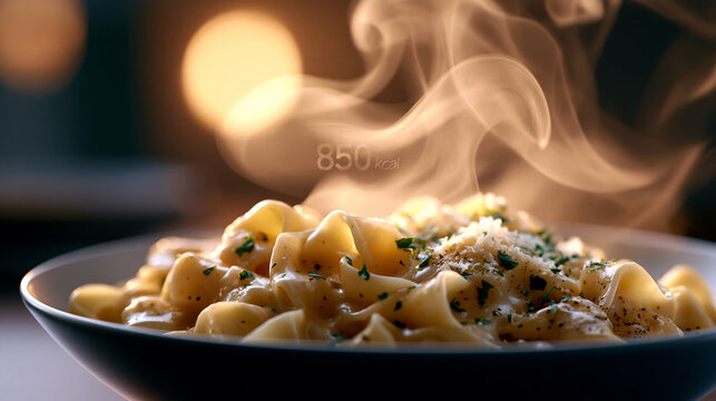 Eine dampfende Sch&uuml;ssel mit spiralf&ouml;rmiger Pasta und dem Schriftzug 850 kcal auf dunklem Hintergrund.