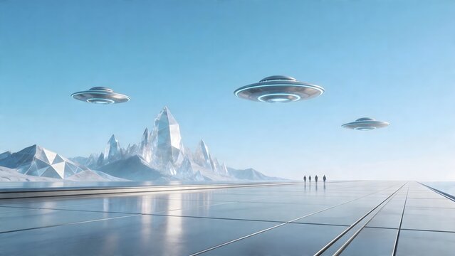 Futuristic alien landscape with flying saucers