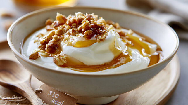 Eine Sch&uuml;ssel griechischer Joghurt mit Karamellso&szlig;e, gehackten N&uuml;ssen und einem Anh&auml;nger mit der Aufschrift &bdquo;310 kcal".