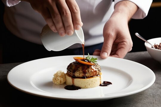 Chef plates fancy entree. Culinary artist drizzles sauce onto gourmet dish. Food preparation in upscale restaurant kitchen. Fine dining experience presentation.