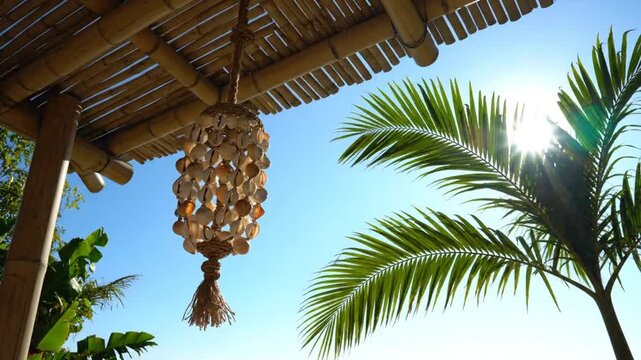 Low angle view of shell lantern hanging from bamboo roof with palm leaves and bright sun against a clear blue sky