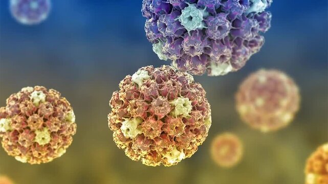 Human papillomavirus particles shown in 3D animation, non-enveloped DNA virions associated with HPV infection and cervical cancer in humans.