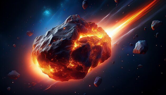 a burning asteroid streaking through space isolated against a dark backdrop fiery tail glowing rock texture and dramatic motion cosmic intensity ultra realistic no logos