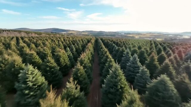 Aerial View of a Vast Christmas Tree Farm with Rows of Evergreen Trees Under a Blue Sky