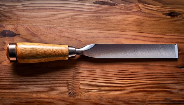 woodworking chisel with polished wooden handle and beveled metal blademused for carving shaping and detailing wood in carpentry or sculpture