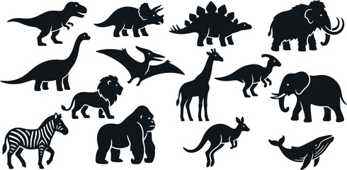 Stylized Animal Vector Icons Dinosaurs and Modern Wildlife Silhouettes © MirzaAsmaul