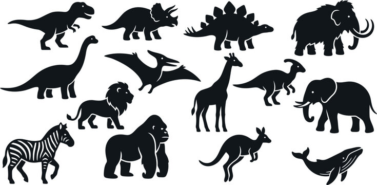 Stylized Animal Vector Icons Dinosaurs and Modern Wildlife Silhouettes